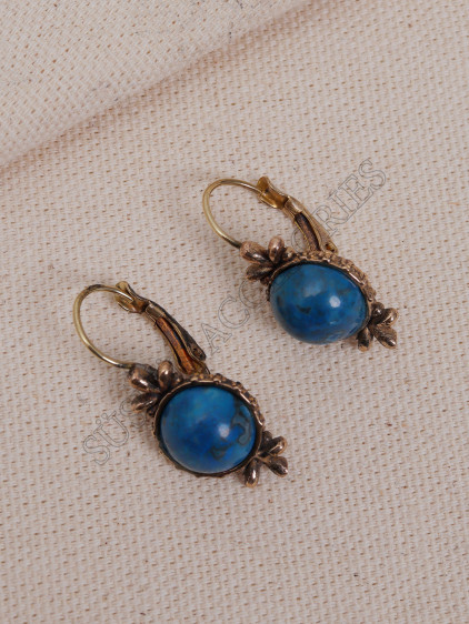 Mavi Akik Yuvarlak Taşlı Otantik Küpe