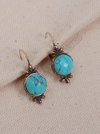 Turkuaz Taşlı Yuvarlak Otantik Küpe