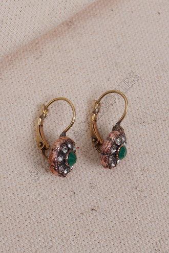 Beyaz Yeşil Taşlı Çiçek Motifli Otantik Küpe