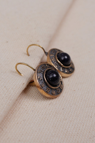 Siyah Yıldız Taşlı Burç Figürlü Otantik Küpe