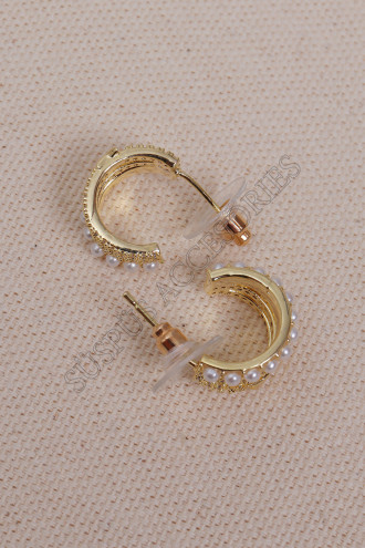 3 Sıralı İncili ve Yıldızlı Gold Mini Halka Küpe