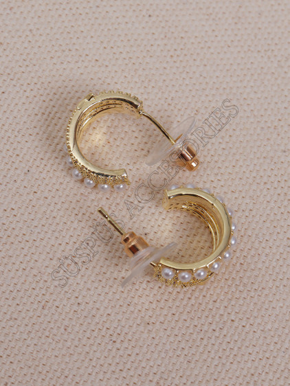 3 Sıralı İncili ve Yıldızlı Gold Mini Halka Küpe