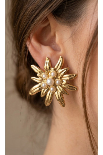 İncili Büyük Gold Çiçek Model Çelik Küpe