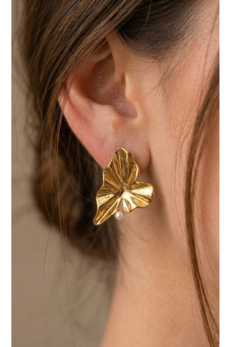 Asimetrik Dalgalı İnci Detaylı Gold Çelik Küpe