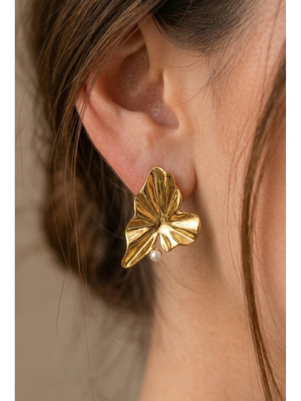 Asimetrik Dalgalı İnci Detaylı Gold Çelik Küpe