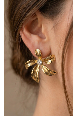 5 Yapraklı Taş Detaylı Çiçek Model Gold Çelik Küpe