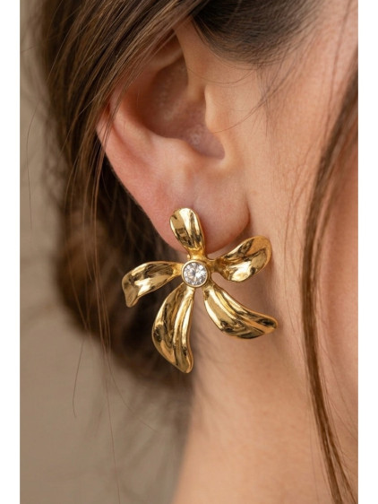 5 Yapraklı Taş Detaylı Çiçek Model Gold Çelik Küpe