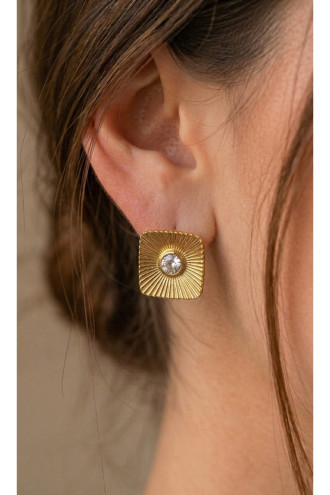 Ortası Taşlı Kare Model Vintage Gold Çelik Küpe