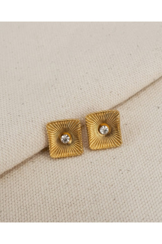 Ortası Taşlı Kare Model Vintage Gold Çelik Küpe