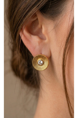 Ortası Taşlı Yuvarlak Model Vintage Gold Çelik Küpe