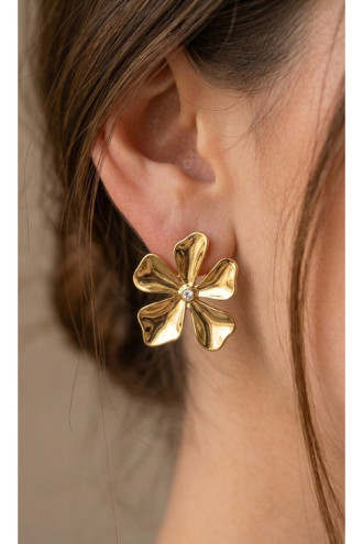 Ortası Taşlı Çiçek Model Gold Çelik Küpe