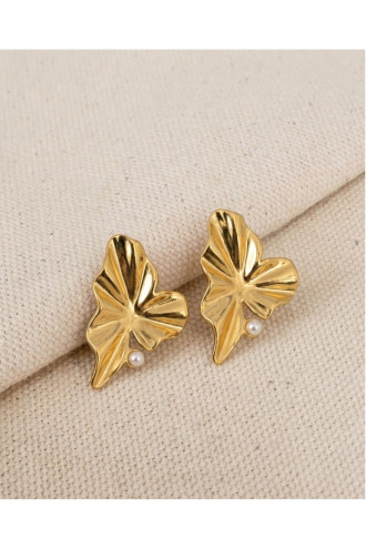 Asimetrik Dalgalı İnci Detaylı Gold Çelik Küpe