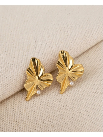 Asimetrik Dalgalı İnci Detaylı Gold Çelik Küpe