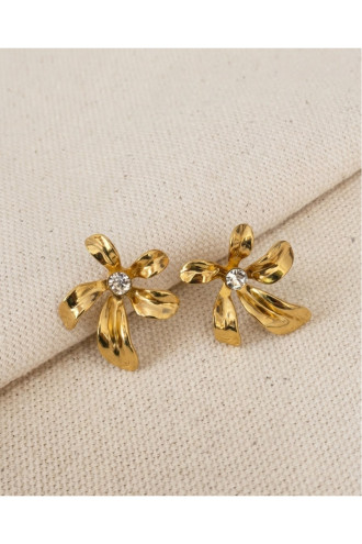 5 Yapraklı Taş Detaylı Çiçek Model Gold Çelik Küpe