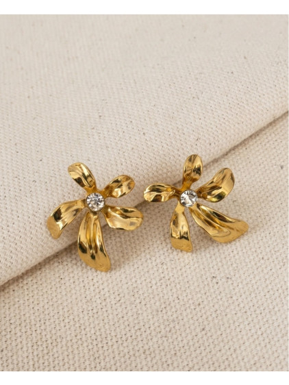 5 Yapraklı Taş Detaylı Çiçek Model Gold Çelik Küpe