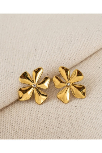 Ortası Taşlı Çiçek Model Gold Çelik Küpe
