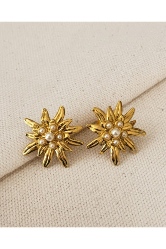 İncili Büyük Gold Çiçek Model Çelik Küpe