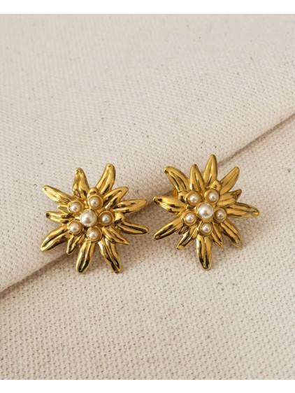 İncili Büyük Gold Çiçek Model Çelik Küpe