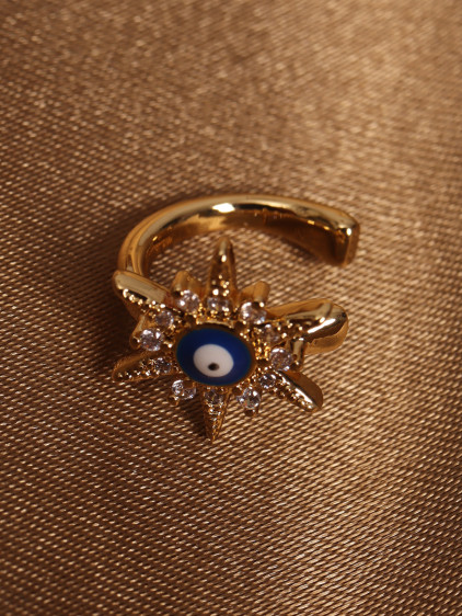 Nazar Boncuklu Gold Renk Zirkon Taşlı Güneş Modeli Kıkırdak Küpe