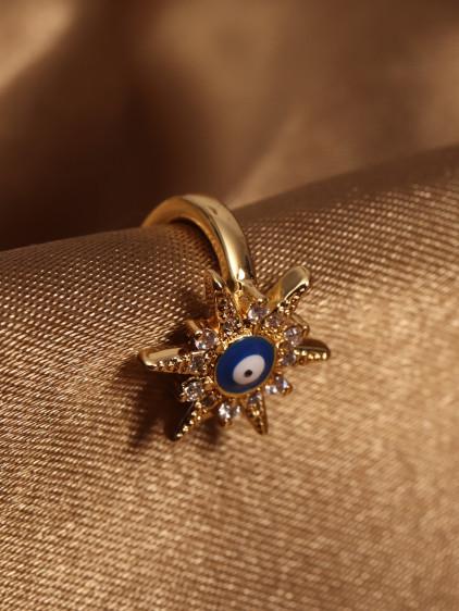 Nazar Boncuklu Gold Renk Zirkon Taşlı Güneş Modeli Kıkırdak Küpe