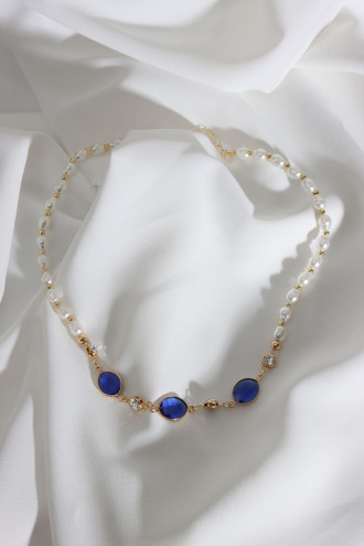 Lacivert Oval Taşlı İnci Kolye Lacivert Oval Taşlı İnci Kolye